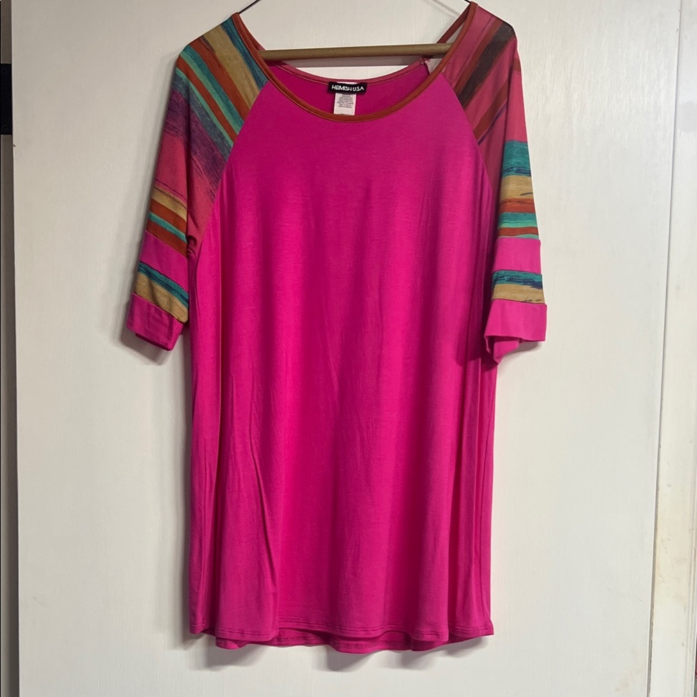 Vibrant Pink Top with Striped Sleeves Hemish USA Brand.